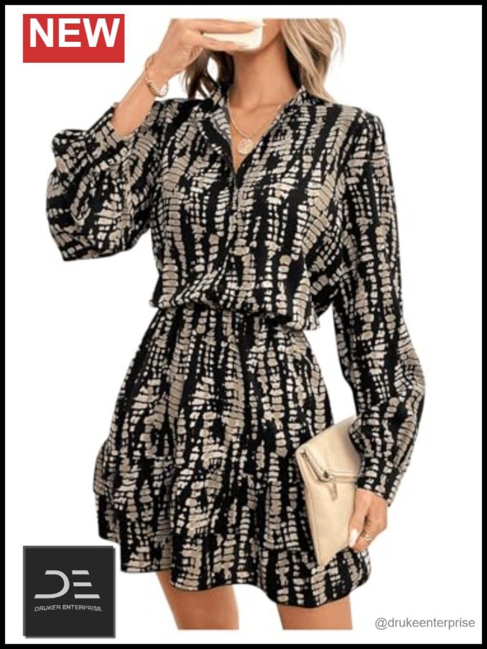 Floerns Women's Graphic Print Lantern Long Sleeve Button Shirt Dress Ruffle Hem